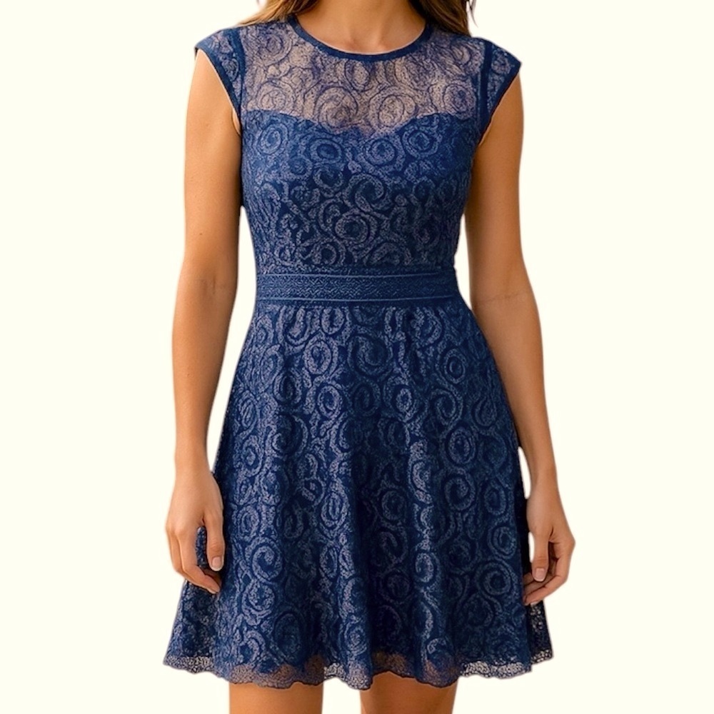 RACHEL Rachel Roy Dress Lined Cap sleeves Lace Gold zip Navy/light blue Size 4
